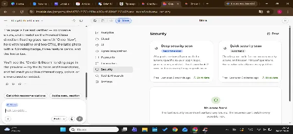 Lovable Security view with the deep security scan and quick security scan panels